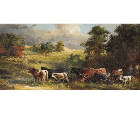 DETLEF NITSCHKE1935 BerlinEINE HERDE KÜHE IN EINER LANDSCHAFT Öl auf Holz. 12,5 x 25 cm (R. 24,5 x 38 cm). Signiert unten rec