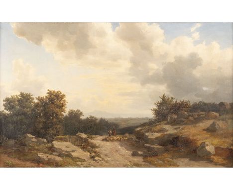 HEINRICH VOSBERG1833 Leer - 1891 GmundenABENDLICHE LANDSCHAFT. 1853 Öl auf Leinwand. 36 x 56 cm (R. 42 x 63 cm). Zweimal sign