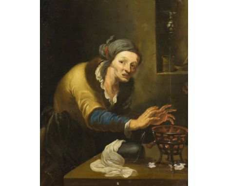 DEUTSCH-NIEDERLÄNDISCHE SCHULE DES 18. JH.ALTE FRAU AM KOHLENBECKEN Öl auf Metalltafel. 43 x 35,5 cm (R. 49 x 41,5 cm). Recht