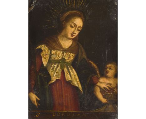 GNADENBILD DER HEILIGEN DOROTHEA Wohl Italien, 18. Jh. Öl auf Kupferplatte, im floral geschnitzten, goldgefassten Holzrahmen.