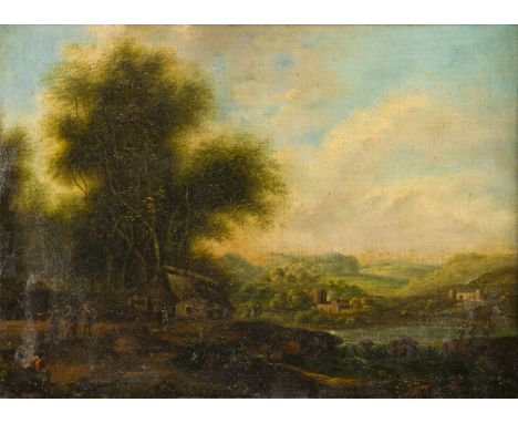 DEUTSCH-NIEDERLÄNDISCHE SCHULE DES 18. JH.LANDSCHAFT MIT BAUERNHAUS UND PERSONENSTAFFAGE AM FLUSS Öl auf Leinwand (doubl.). 2