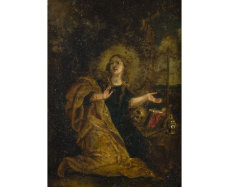 ALPENLÄNDISCH-OBERITALIENISCHE SCHULE DES 17.JH.BÜSSENDE MARIA VON MAGDALA Öl auf Kupfertafel. 21 x 16,5 cm (R. 29 x 24 cm). 