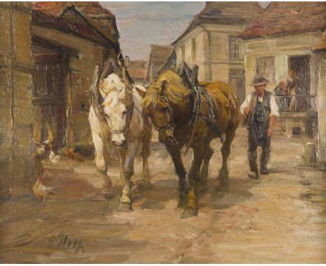GEORG WOLF1882 Niederhausbergen - 1962 UelzenBAUER MIT PFERDEWAGEN IN EINER DORFSTRASSE Öl auf Leinwand. 55 x 70 cm (R. 84 x 