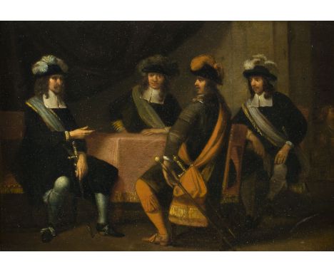 NIEDERLÄNDISCH-FLÄMISCHE SCHULE DES 17. JH.GRUPPENBILD VIERER GARDISTEN Öl auf Eichenholztafel. 27,5 x 40 cm (R. 44 x 56 cm).