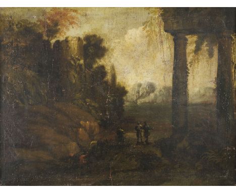 NORDITALIENISCHE SCHULE, UM 1700IDEALLANDSCHAFT MIT RUINEN, ESELTREIBER UND WANDERERN AM SEE Öl auf Leinwand auf Holztafel. 7