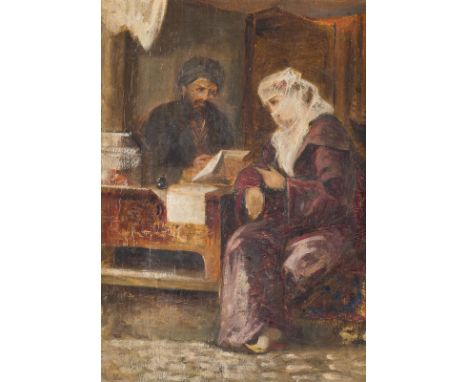 ORIENTALISTTätig 2. Hälfte 19. Jh.BEI DEM SCHREIBER Öl auf Karton. 31 x 22 cm (R. 39 x 32 cm). Part. leicht berieben. Rahmen.