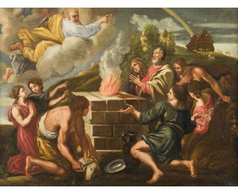 FRANCO-ITALIENISCHE SCHULE, UM 1700NOAH MIT SEINER FAMILIE UND DEN TIEREN VOR DER ARCHE BEIM DANKOPFER, DARÜBER DER REGENBOGE