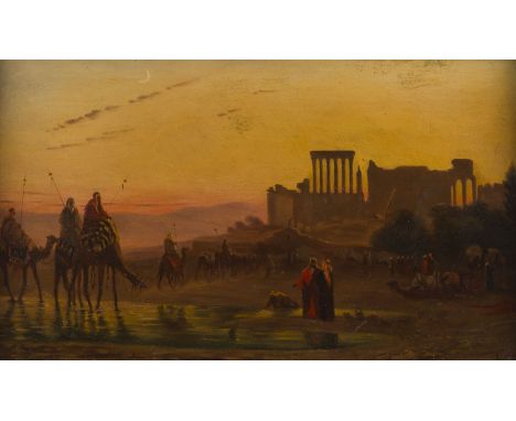 ORIENTALISTTätig 2. Hälfte 19. Jh.SONNENUNTERGANG ÜBER DER OASE Öl auf Holz. 22 x 37.5 cm (R. 27 x 42 cm). Unten rechts undeu