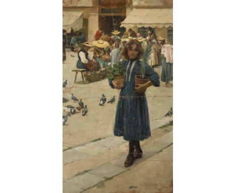 LUIGI SERENA1855 Montebelluna - 1911 TrevisoBLUMENMARKT. 1898 Öl auf Leinwand, auf Karton aufgezogen. 96 x 56 cm (R. 108 x 67