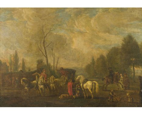 FLÄMISCHE SCHULE DES FRÜHEN 17. JH.LANDSCHAFT MIT REITERN UND SPIELENDEN KINDERN Öl auf Leinwand auf Eichenholztafel (parkett