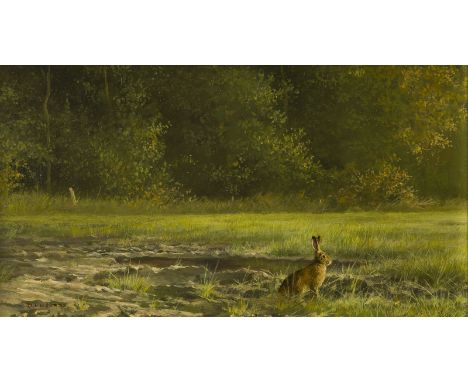 DICK VAN HEERDE1954HASE AM TEICH Öl auf Holz. 13,5 x 22 cm (R. 26 x 34 cm). Signiert unten links. Rahmen.