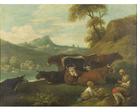 WOHL DEUTSCH-ÖSTERREICHISCHE SCHULE DES 18. JH.HIRTEN MIT WEIDEVIEH AM WASSER Öl auf Leiwand (doubl.). 48,5 x 63,5 cm (R. 54,