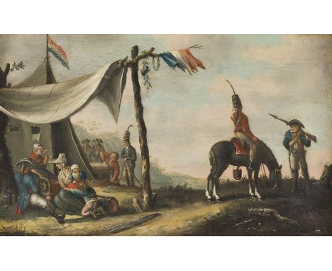 WOHL NIEDERLÄNDISCHER MALERtätig Anfang 19. Jh.SOLDATENLAGER AUS DER ZEIT DEN NAPOLEONISCHEN KRIEGE Öl auf Karton. SM 25,5 x 