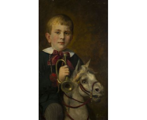 ERNST HÄNSSLER1848 - 1913PORTRAIT EINES JÜNGEN MIT TROMPETE AUF EINEM SCHAUKELPFERD. 1888 Öl auf Leinwand, auf Karton. 66 x 3