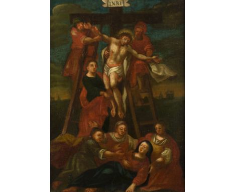 ALPENLÄNDISCH-ÖSTERREICHISCHE SCHULE, UM 1700DIE KREUZABNAHME JESU Öl auf Leinwand auf Holztafel. 54,5 x 40 cm (R. 62 x 46,5 