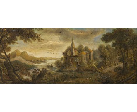 FLÄMISCHE SCHULE, UM 1700LANDSCHAFT MIT WASSERBURG, BOOTEN UND WANDERERN Öl auf Leiwand (doubl.). 39 x 93 cm (R. 47,5 x 103,5