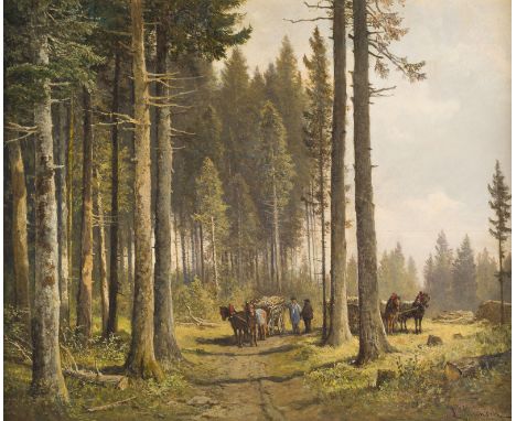 LEOPOLD MUNSCH1826 WIEN - 1888 PRESSBURGHOLZFÄLLER IM KIEFERNWALD. 1880 Öl auf Holz. 43 x 52 cm (R. 55 x 66 cm). Signiert und