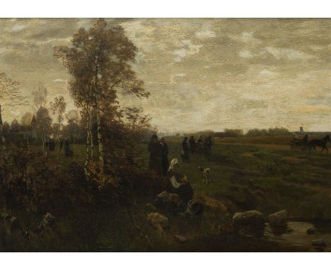 GREGOR VON BOCHMANN1850 Gut Nesat - 1930 HöselNACH DER ABENDMESSE Öl auf Holz. 32 x 44 cm (R. 47 x 58,5 cm). Digniert unten l