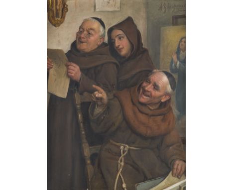 AURELIO ZINGONIFlorenz 1853 - 1922DIE MONCHE SCHAUEN SICH DIE ZEICHNUNG AN Öl auf Leinwand. 39 x 29 cm (R. 61 x 51 cm). Signi