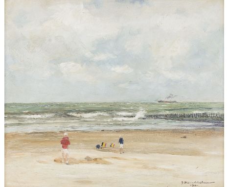 GEORG HAMBÜCHEN1901 Düsseldorf - 1971 ebendaSTRANDSZENE, 1930 Öl auf Holz. 40 x 47 cm (R. 57 x 64 cm). Signiert und datiert u