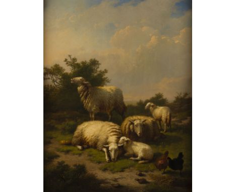 EUGÈNE JOSEPH VERBOECKHOVEN1798 Warneton - 1881 BrüsselSCHAFE AUF DER WEIDE, 1877 Öl auf Holz. 60 x 47 cm (R. 72 x 59 cm). Si
