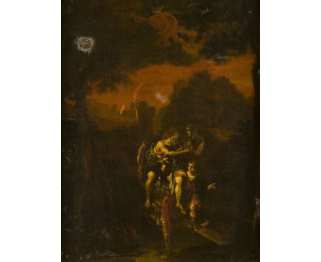 DEUTSCH-NIEDERLÄNDISCHE SCHULE, UM 1700AENEAS RETTET ANCHISES AUS DEM BRENNENDEN TROJA Öl auf Leinwand (doubl.). 65 x 50 cm (