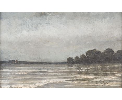 EDUARD FISCHER1852 Berlin - 1905 ChiemseeÖLSTUDIE. SEEBLICK VON BREITBRUNN AM CHIEMSEE Öl auf Karton. 15,6 x 26 cm (R. 24 x 3