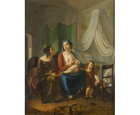 BELGISCHER MALER1 Hälfte 19. Jh.MUTTERSCHAFT. SZENE MIT ZWEI FRAUEN UND KINDERN IN INTERIEUR Öl auf Leinwand. 47 x 38 cm (R. 