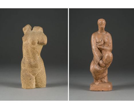 JOSEF RÖWER1903 Westerholt - 1966 EssenZWEI KERAMIKFIGUREN 'TORSO' UND 'SITZENDER FRAUENAKT' Keramik. H. 28/24, B. 8,5/9, T. 