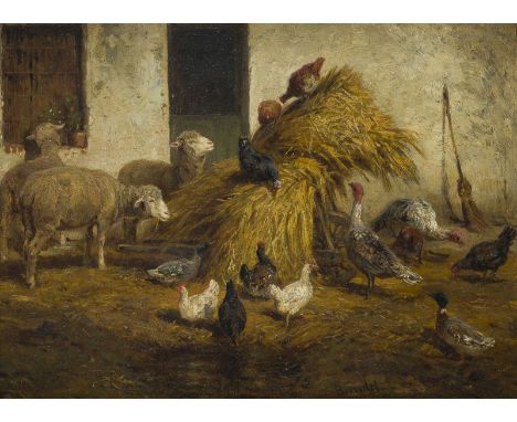 ALBERT HEINRICH BRENDEL1827 Berlin - 1895 WeimarSCHAFE UND HÜHNER IM HOF Öl auf Holz. 26.5 x 35 cm (R. 40.5 x 49 cm). Signier
