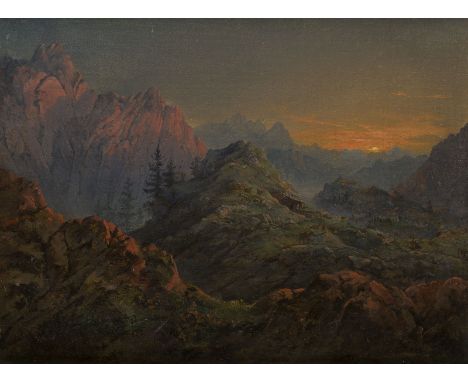 AUGUST BEDRICH PIEPENHAGEN1791 Soldin - 1868 PragBERGGIPFEL IM SONNENUNTERGANG Öl auf Leinwand. 23,5 x 30 cm (R. 36 x 43 cm).