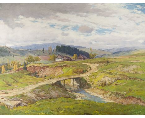 AUGUSTIN MERVART1889 Krasna - 1968 PrerauBRÜCKE ÜBER DEM BACH. 1936 Öl auf Leinwand. 96 x 123 cm (R. 116 x 144 cm). Signiert 