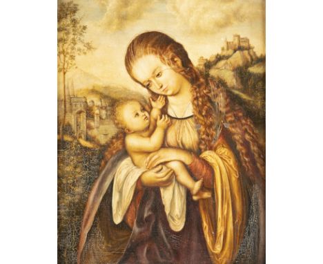 LUCAS CRANACH (NACHFOLGER DES 19. JH.)GOTTESMUTTER MIT DEM KIND Öl auf Kupfertafel. 29 x 23,5 cm (R. 54 x 48,5 cm). Altcraque