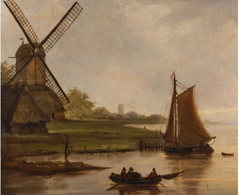 NIEDERLÄNDISCHE SCHULE IN DER NACHFOLGE JAN VAN GOYENSMeister, tätig wohl 18. Jh.FLUSSLANDSCHAFT MIT WINDMÜHLE UND FISCHERBOO