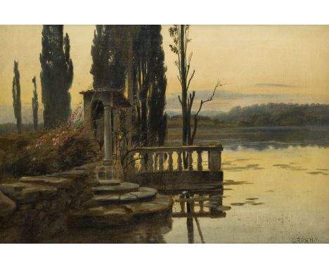 LUDWIG RÖSCH1865 Wien - 1936 ebendaLANDSCHAFT IN DER DÄMMERUNG MIT ZYPRESSEN AM TEICH Öl auf Leinwand. 44 x 65 cm (R. 64 x 84