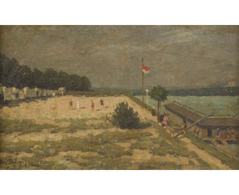 JOSEF PÖGL1867 Graz - 1945 Wien'DAS STRANDBAD IN KRITZENDORF AN DER DONAU' 1913 Öl auf Holz. 27 x 46 cm (R. 47 x 65 cm). Sign