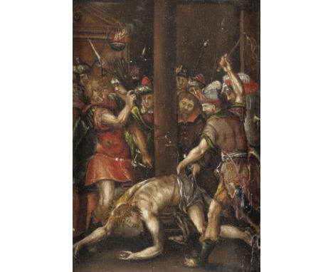 SÜDDEUTSCHE SCHULE, WOHL UM 1600GEISSELUNG CHRISTI Öl auf Nadelholztafel. 18 x 12,5 cm (R. 38 x 32,5 cm). Part. leicht altres