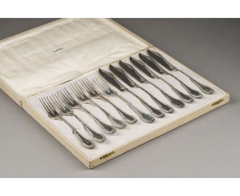 FISCHBESTECK FÜR SECHS PERSONEN Deutsch, Hemerlingen b. Bremen, Wilkens &amp; Söhne 800er Silber. L. 17,8 - 20,9 cm, zus. 608
