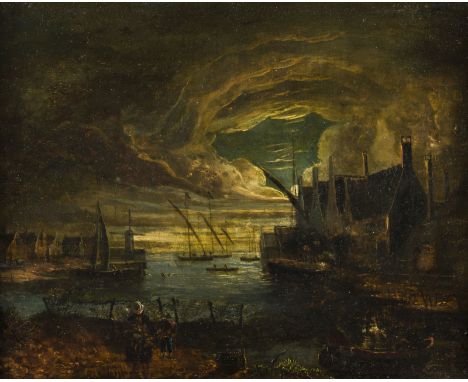 AERT VAN DER NEER (SCHULE)1603 oder 1604 Gorinchem - 9. November 1677 AmsterdamNÄCHTLICHE HAFENANSICHT Öl auf Eichenholztafel