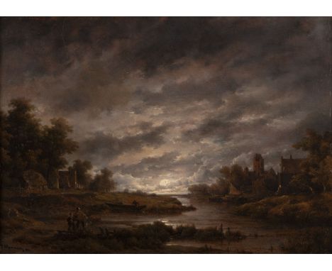 REMIGIUS ADRIANUS VAN HAANEN1812 - 1894Flusslandschaft im Mondschein (1882) Öl auf Holz. 31 x 41,5 cm (R. 42 x 54 cm). Signie