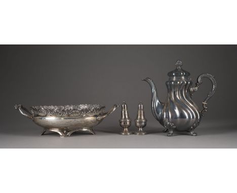 KAFFEEKANNE, DOPPELHENKELSCHALE SOWIE SALZ-/PFEFFERSTREUER U.a. Deutsch, Schwäbisch Gmünd/Heilbronn, Gebrüder Deyhle/Bruckman