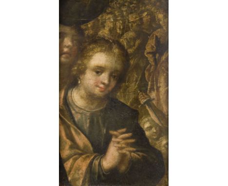 ITALIENISCHE SCHULE DES 16. JH.BETENDES MÄDCHEN Öl auf Pappelhoztafel (wahrscheinlich Fragment). 44 x 26 cm (R. 45,5 x 30 cm)