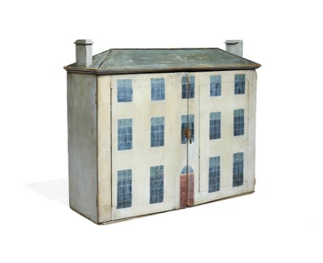 A painted wood doll's house, circa 1830, symmetrically modelled as a typical property from the Georgian period with end chimn