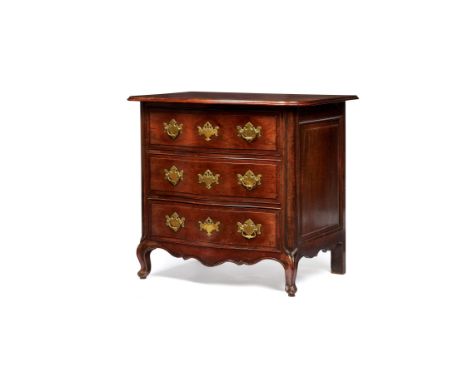 A Continental mahogany commode, circa 1760, possibly Portuguese, of serpentine outline, the top with moulded edge above three