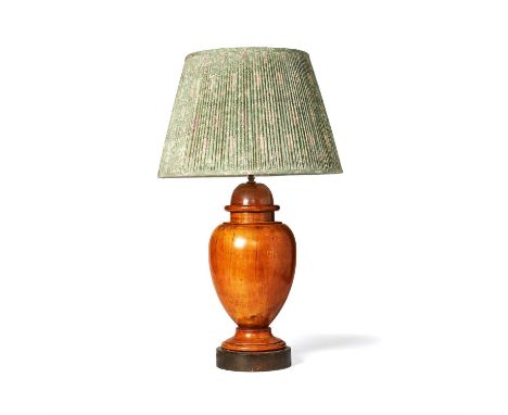 A turned fruitwood urn fitted as a table lamp, late 19th century and adapted, of ovoid form, 46cm high including circular bas