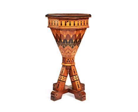 Y A Fine Reformed Gothic walnut and specimen parquetry inlaid trumpet work table, circa 1880, attributed to being designed by