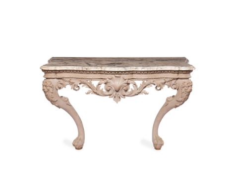 A George II painted console table, attributed to William Jones, circa 1740,  with original white and grey shaped marble top o