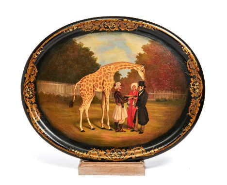 A rare William IV figural papier mache tray by Jennens & Bettridge, circa 1835, the oval tray painted with an adaptation of t