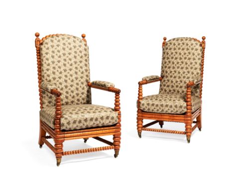 A pair of maple and bird's-eye maple armchairs, second quarter 19th century, in the manner of Gillows, with bobbin turned fra