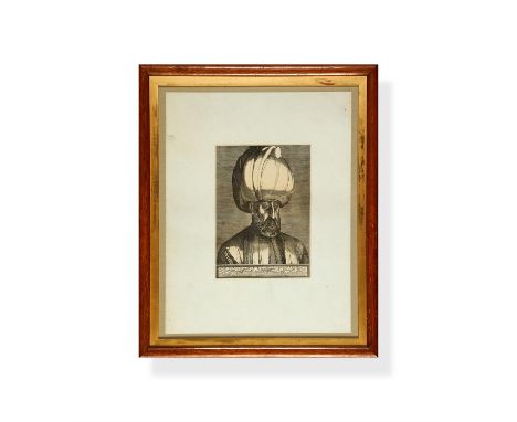 A framed print of Solyman the Magnificent going to a Mosque, English, 1873, one of a set of ink on paper prints from a late 1